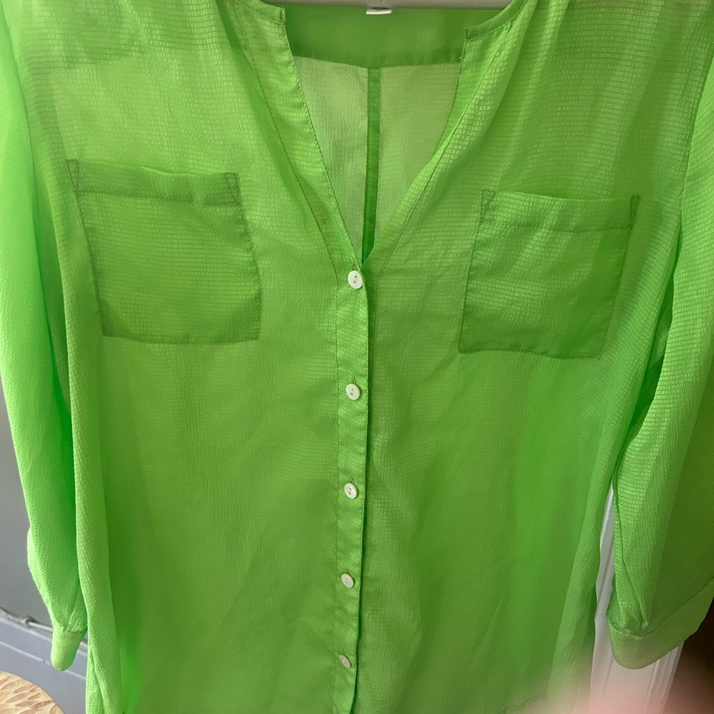 Chico's Green 3/4 Sleeve Mandarin Collar Blouse